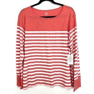 St. Johns Bay Striped Knit Long Sleeve Top Coral White Petite XXL‎